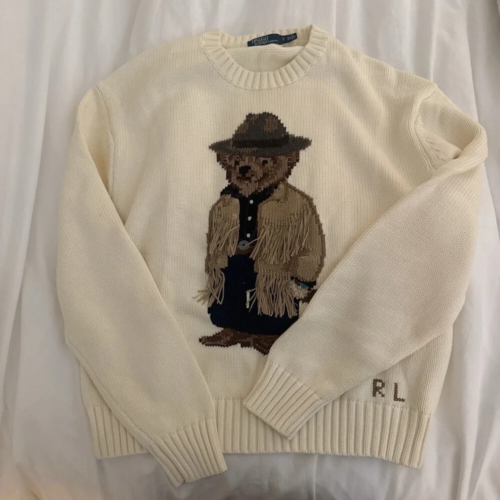 Ralph Lauren Western Cowboy Polo Bear Cream Knit Sweater